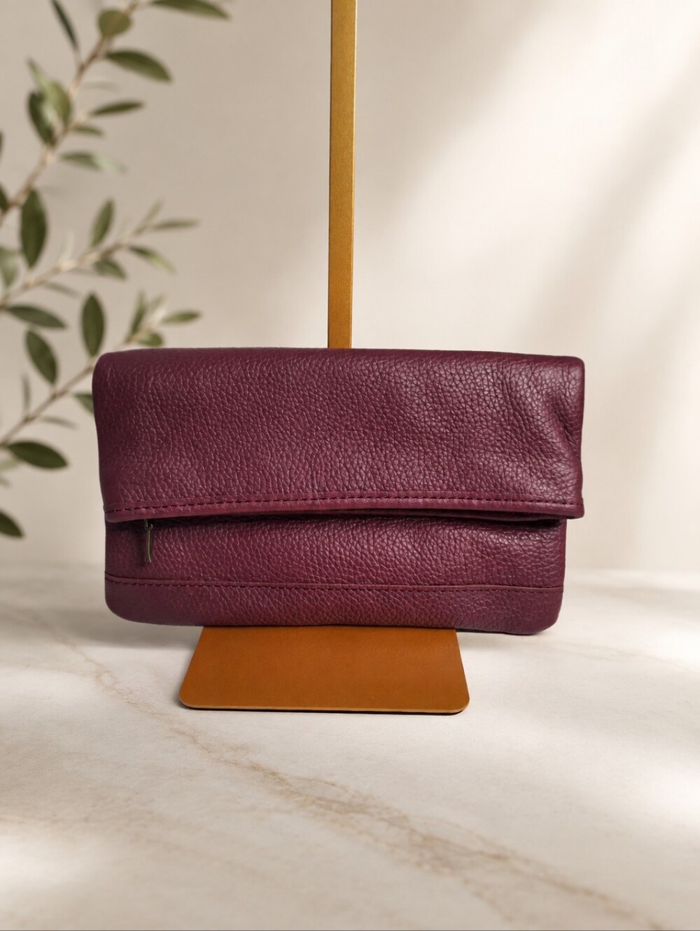 L.L.Bean Pebbled Leather Fold Over Clutch Bag Burgundy Oxblood EUC